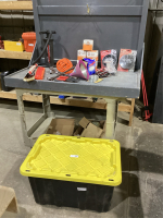 BLACK LIDDED TOTE W/AIR PUMP, REFLECTORS, AIR HOSE, TIRE IRON, JOEY LIGHTS, STEEL WIRE, ELECTRIC WIRING, WIRE STRIPPERS, OIL CAN FUNNEL, SEALED BEAM LIGHTS