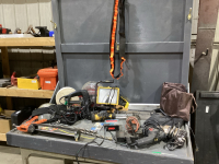 BLUE TOTE W/ (2) ELECTRIC DRILL, SAWS, LIGHT, JIGSAW, LED WORK LIGHT,MAGNET BLOCK HEATER,