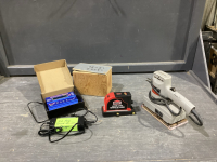 BOX W/SKIL SANDER, JOBMATE LASER LEVEL, IMAX 42 AMP SMART CHARGER