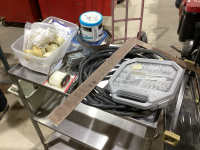 BOX W/FRAMING SQUARE, SCARY EXTENSION CORD, CRAFTSMAN AIR FILTER, SOCKET SET, TINS OF HARDWARE