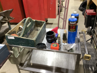 WOOD TRAY W/PROPANE CYLINDERS, WIRE BRUSH, WESTWARD MAGNETIC DRIVER