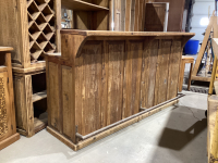 RUSTIC LOOKING BAR W/ 3-DRAWERS, OPEN STORAGE W/ 1/2 SHELF, FOOT REST