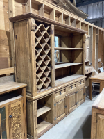 RUSTIC LOOKING LARGE WOOD CABINET 2- PIECES.... WINE BOTTLE STORAGE, DRAWERS, SHELVING