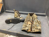 CABELA'S CAMO NEOPRENE DOG COAT AND CABELA SIZE 9 BOOTS