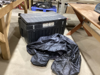 HD "TUFF-BIN" BLACK TOTE W/ VEHICLE COVER AND SMALL BLUE TARP