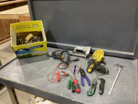BOX W/ TROUBLE LIGHT, TAPE MEASURE, BOSCH ELECTRIC DRILL, CALIPER