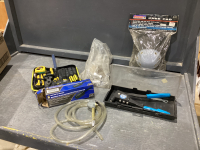 B&D RIVET GUN, KNEE PADS, TOOL KIT IN CASE, BAG OF METAL CONNECTORS, AIR CHUCK W/ SOME HOSE