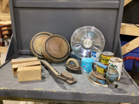 VINTAGE OIL CANS, SAD IRONS, TOBACCO TINS, HUB CAPS, (1) HAME, OLD JAR