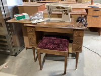 VINTAGE SINGER SEWING MACHINE IN CABINET W/ BENCH AND ACCESSORIES