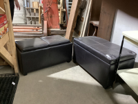 (2) BROWN STORAGE OTTOMANS - (1) W/ FLIP TOPS FOR SERVING TRAYS, (1) W/ HINGED LID