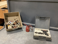 BOX W/ WELLER SOLDERING GUN W/ SOLDER AND RED OIL CAN