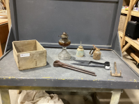 WOOD BOX W/ KEROSENE LAMP, VINTAGE OIL CANS, NIPPERS, SHEEP SHEARS