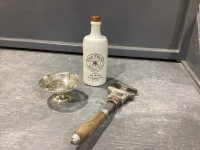 ANTIQUE BEMIS & CALL H&L PIPE WRENCH, ROYAL CHARTER WHISKY POTTERY BOTTLE