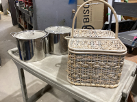 (2) ITEMS - 2 STOCK POTS + WICKER BASKET W/ VALANCE, RUNNERS, MATERIAL