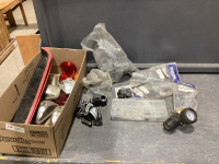 BOX W/ DRILL BITS, (3) 7-PIN ROUND TRAILER POLE PLUGS, LIGHTS, GLUE -ON PVC PIPE FILLTINS, GAUGE, (5) MUSHROOM PLUGS,