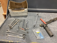 SMALL BOX W/ MISC WRENCHES, FUSES, WELDING STINGER, FILTER STRAP WRENCH
