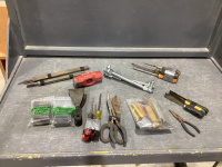 BOX W/ PLIERS & SCREWDRIVERS, UTILITY KNIVES, LETTER & NUMBER STAMPS, SLEDGE HAMER HEAD