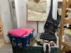 BIN OF SHOP TOWELS + TOTE OF DUFFLE BAGS