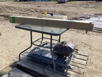 SQUARE PATIO TABLE W/ UMBRELLA AND STAND AND (4) FOLDING CHAIRS