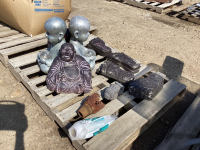 PALLET W/ YARD DECOR - (4) BUDDHA STATUES, DRILL BIT, (8) CEMENT FOOTPRINTS, SMALL ROLL OF POLY