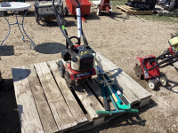 PALLET W/ "EARTHQUAKE" VIPER SMALL GAS ROTOTILLER AND GARDEN TOOLS - HAND CULTIVATOR, MINI RAKES, PRUNERS