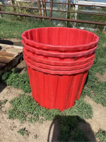 (5) RED PLASTIC PLANT BARRELS