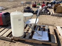 PALLET W/ LIGHT WEIGHT METAL BISTRO TABLE W/ (2) PLASTIC FOLDING CHAIRS & LIDDED POLY CONTAINER