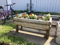 WOOD PLANTER W/ MARIGOLDS, PETUNIAS, DUSTY MILLERS