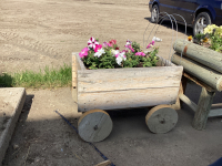 WOOD PLANTER WAGON W/ PETUNIA FLOWERS