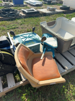 Pallet with boat seat , mop bucket and kenell