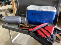 COLEMAN COOLER + LIFE JACKET, BALL GLOVE, SLEEPING BAG