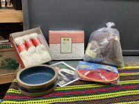 NEW SET OF DOUBLE SHEETS, WOOL, KNITTING COTTON, CERAMIC PLANTER, TABLE RUNNER