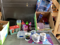 2 BOXES CUPS, POLAR EXPRESS CUPS, FOOD STORAGE CONTAINERS, PLASTIC PLATES
