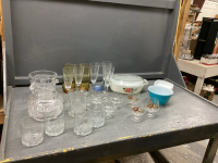 BOX W/ DRINKING GLASSES, VINTAGE DISHES, ICE BUCKET, VASE