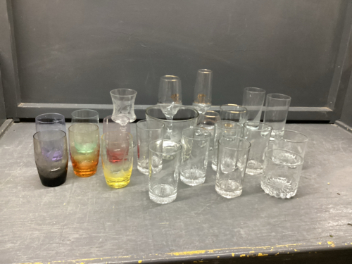 (2) BOXES W/ DRINKING GLASSES & ICE BUCKET, OLYMPIC GLASSES