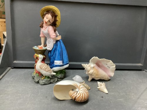 RESIN GIRL FIGURINE AND COLLECTION OF SHELLS