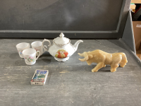 BOX W/TEAPOT + NON MATCHING TEA CUPS, + MARBLE BULL SCULPTURE