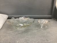 VINTAGE GLASS FLUTED BOWL & SMALLER BOWL W/ EMBOSSED SILVER DETAIL
