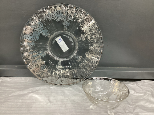 GLASS PLATTER & SMALL BOWL W/ EMBOSSED SILVER DETAIL