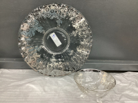 GLASS PLATTER & SMALL BOWL W/ EMBOSSED SILVER DETAIL