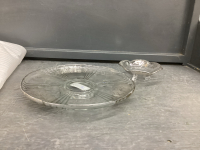 VINTAGE GLASS PLATTER & MATCHING BOWL W/. EMBOSSED SILVER DETAIL