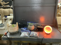 BOX W/ WATERING CAN, HAIR DRYER, BASKET, WATER PUMP, BUTTONS,