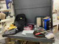 BOX W/ BACKPACK, REUSEABLE BAGS, RED PRINTER PAPER, FRY PAN, BLACK PLASTIC FRAMES