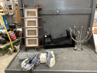 2 DECOR SHELVES, CANDELABRA, SLIPPER SOCKS