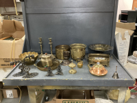 COLLECTION OF MIXED METAL ITEMS - VASES, CANDLESTICKS, TRAYS, BELLS, INCENSE BURNER