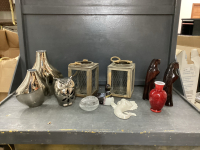 BOX W/ VINTAGE AVON ITEMS, CANDLE HOLDERS, ASSORTED DECOR