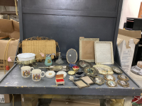 GOOD LIDDED TOTE W/ MISC VINTAGE ITEMS - VINTAGE FRAMES, VINTAGE HAIR BRUSH, ROYALTY MUGS, ANTIQUE SYRUP DISPENSER