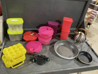 BOX W/PLASTIC CONTAINERS, KETTLE, THE ROCK FRY PANS, EGG HOLDERS, BURGER PRESS