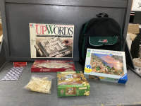 BOX W/ GAMES, PUZZLES, ROLLING BACKPACK