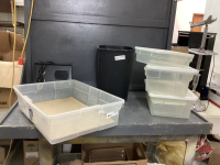 (5) SMALL RUBBERMAID CONTAINERS, BLACK GARBAGE CAN, "CLASSIC" HEATER